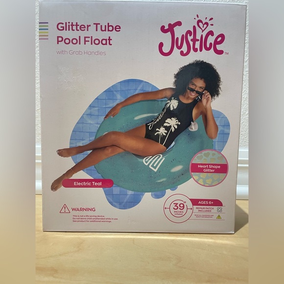 JUSTICE Glitter tube pool float with Grab Handles 39” inches inflated Ages 6+ - Picture 7 of 10